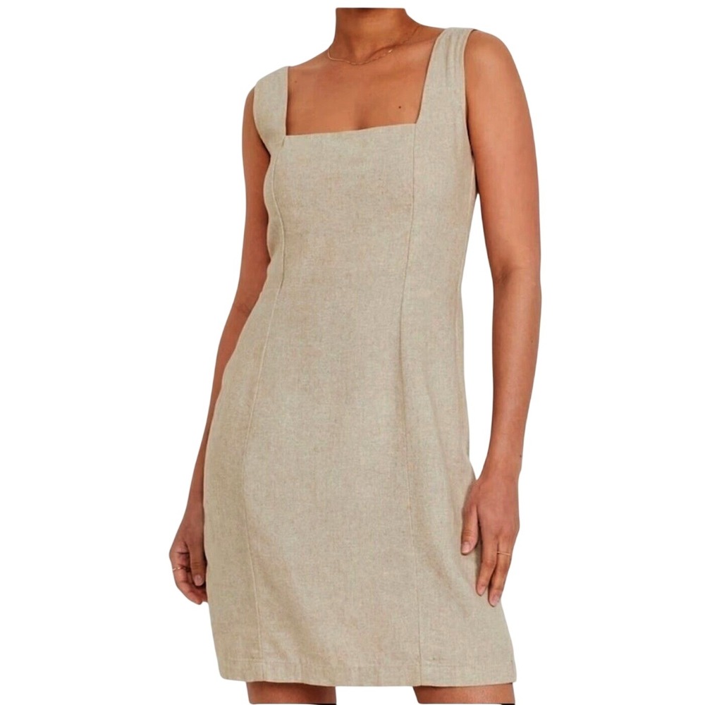 Woven Linen Blend Earthy Dress XL Smocked Square Neck Minimalist Euro Nature